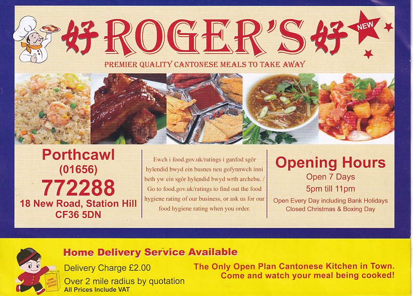 Rogers chinese, menu in Porthcawl